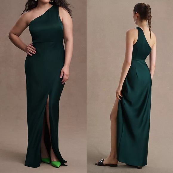 BHLDN Dylan One Shoulder Satin Side Slit Gown Dress Dark Emerald Green NEW 10 - Picture 9 of 9